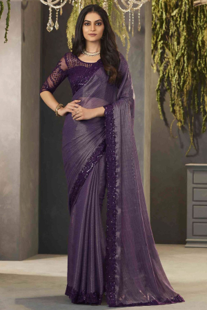 Plum Chiffon Shimmer Saree with Embroidered Blouse