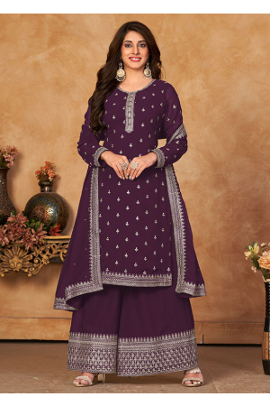 Plum Embroidered Faux Georgette Palazzo Kameez