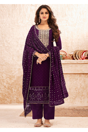 Plum Embroidered Georgette Trouser Kameez