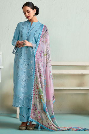 Powder Blue Embroidered Pure Muslin Plus Size Suit