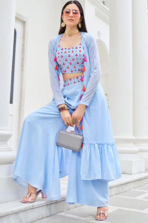 Powder Blue Georgette Palazzo with Crop Top and Jacket