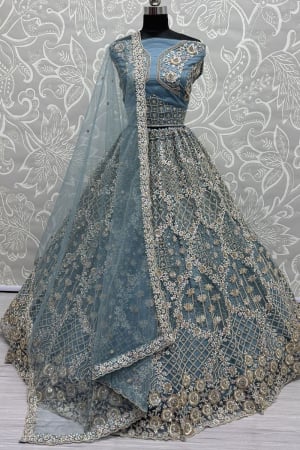 Powder Blue Net Designer Lehenga Choli Set