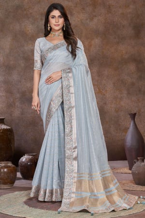 Powder Blue Sequins Embellished Dyed Silk Saree