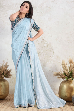 Powder Blue Tissue Saree with Embroidered Blouse