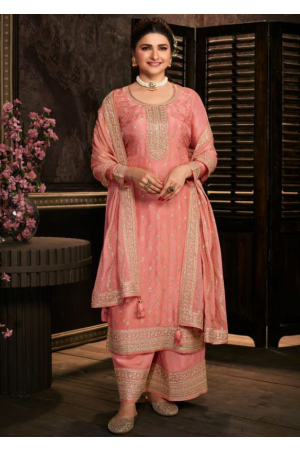 Prachi Desai Coral Pink Embroidered Dola Jacquard Trouser Kameez