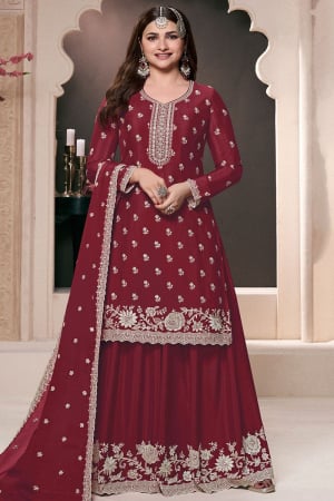 Prachi Desai Maroon Embroidered Chinnon Palazzo Kameez