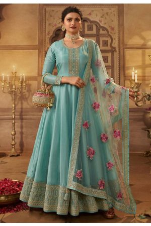 Prachi Desai Mint Blue Dola Silk Anarkali Suit