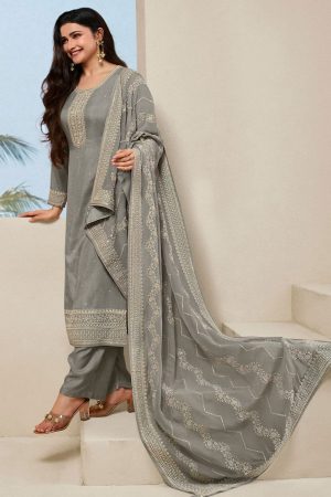 Prachi Desai Misty Grey Embroidered Dola Trouser Kameez