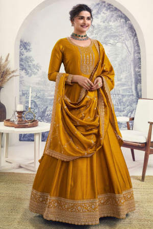 Prachi Desai Mustard Embroidered Silk Georgette Anarkali Suit