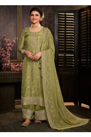 Prachi Desai Olive Green Embroidered Dola Jacquard Trouser Kameez