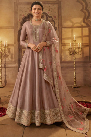 Prachi Desai Rose Gold Dola Silk Anarkali Suit