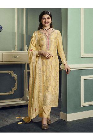 Prachi Desai Yellow Viscose Jacquard Pant Kameez Suit