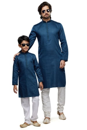 Prussian Blue Art Silk Father Son Kurta Set Combo