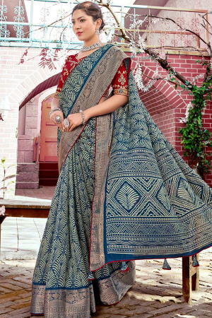 Prussian Blue Dola Jacquard Saree with Embroidered Blouse