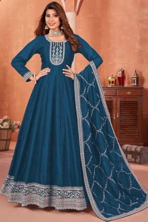 Prussian Blue Embroidered Art Silk Anarkali Dress