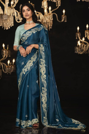 Prussian Blue Embroidered Designer Saree for Wedding
