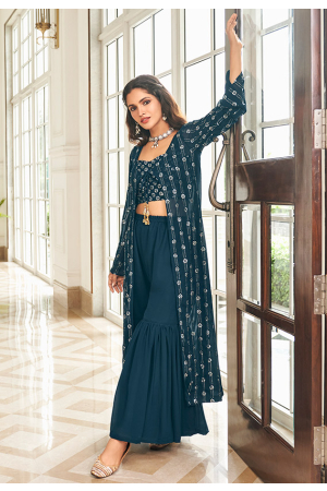 Prussian Blue Embroidered Faux Georgette IndoWestern