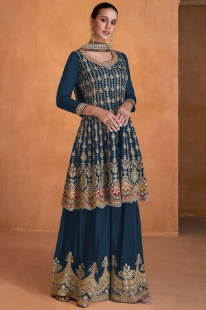 Prussian Blue Embroidered Faux Georgette Palazzo Kameez