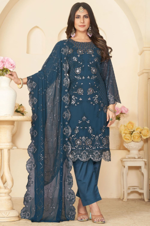 Prussian Blue Embroidered Faux Georgette Pant Kameez