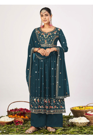 Prussian Blue Embroidered Georgette Palazzo Kameez