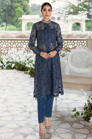 Prussian Blue Embroidered Organza Pant Kameez
