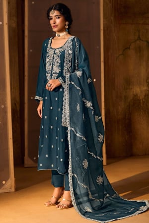 Prussian Blue Embroidered Pure Bemberg Silk Plus Size Suit