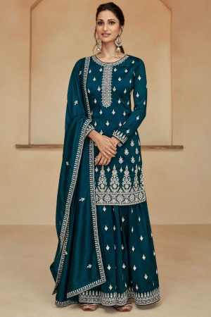 Prussian Blue Embroidered Silk Palazzo Kameez for Festival