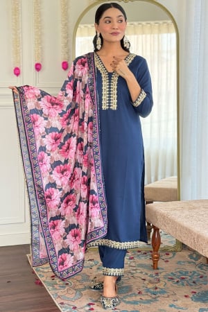 Prussian Blue Embroidered Viscose Slub Readymade Suit