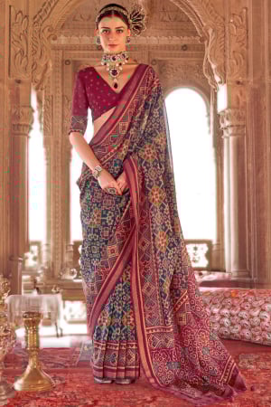 Prussian Blue Foil Print Georgette Saree