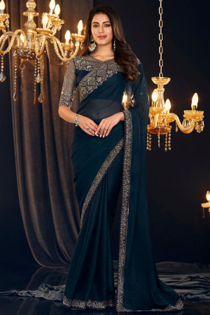 Prussian Blue Georgette Zari Shimmer Saree with Embroidered Blouse