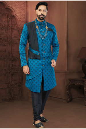 Prussian Blue Mens Designer Indo Sherwani