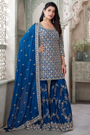 Prussian Blue Silk Designer Sarara Kameez Suit