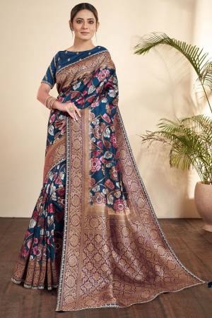 Prussian Blue Tussar Silk Jacquard Designer Saree for Ceremonial