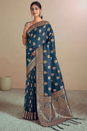 Prussian Blue Woven Silk Saree for Wedding