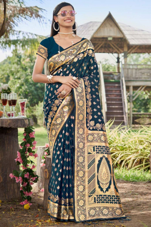 Prussian Blue Woven Silk Saree for Wedding