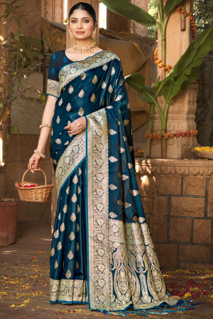 Prussian Blue Zari Woven Satin Silk Saree