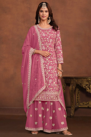 Puce Pink Embroidered Faux Georgette Palazzo Kameez