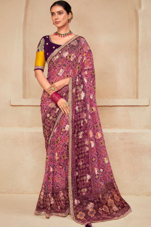 Puce Pink Georgette Saree with Embroidered Blouse
