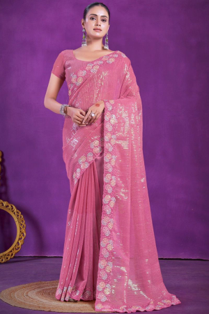 Puce Pink Sequins Embroidered Shimmer Silk Saree