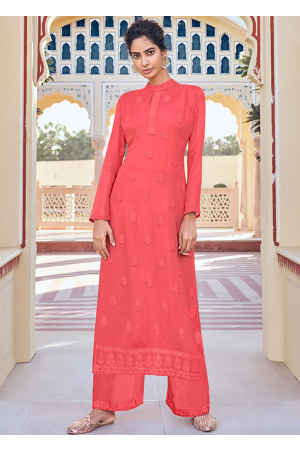 Punch Pink Embroidered Faux Georgette Kurti with Palazzo