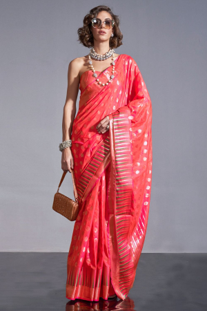 Punch Pink Handloom Weaving Silk Saree