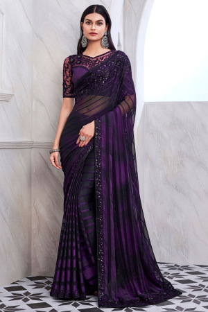 Purple and Black Designer Saree with Embroidered Blouse