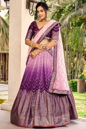 Purple and Lilac Pink Sequins Embroidered Chinnon Lehenga Choli