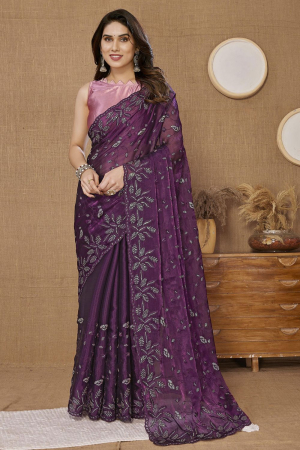 Purple Art Silk Embroidered Saree