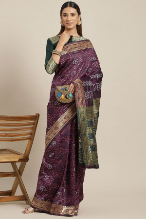 Purple Banarasi Cotton Weaving Silk Bandhani Printed Festival Wear Saree