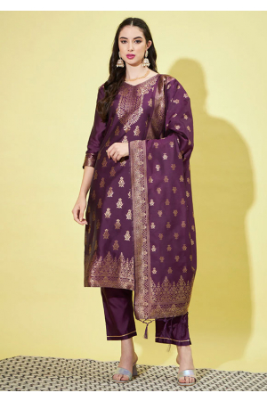 Purple Cotton Silk Jacquard Pant Kameez Suit