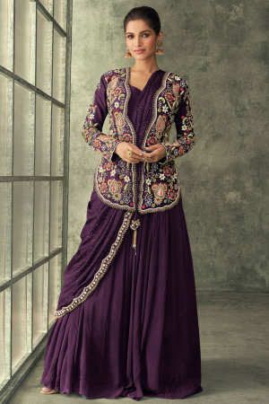 Purple Drape Style Gown with Embroidered Jacket