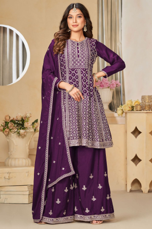 Purple Embroidered Chinnon Palazzo Kameez for Ceremonial