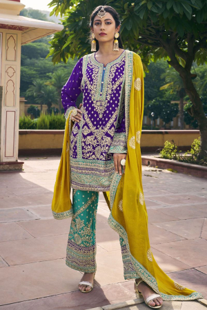 Purple Embroidered Chinnon Trouser Kameez for Festival