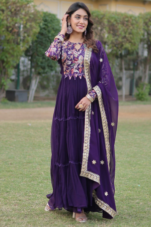 Purple Embroidered Faux Georgette Anarkali Gown with Dupatta